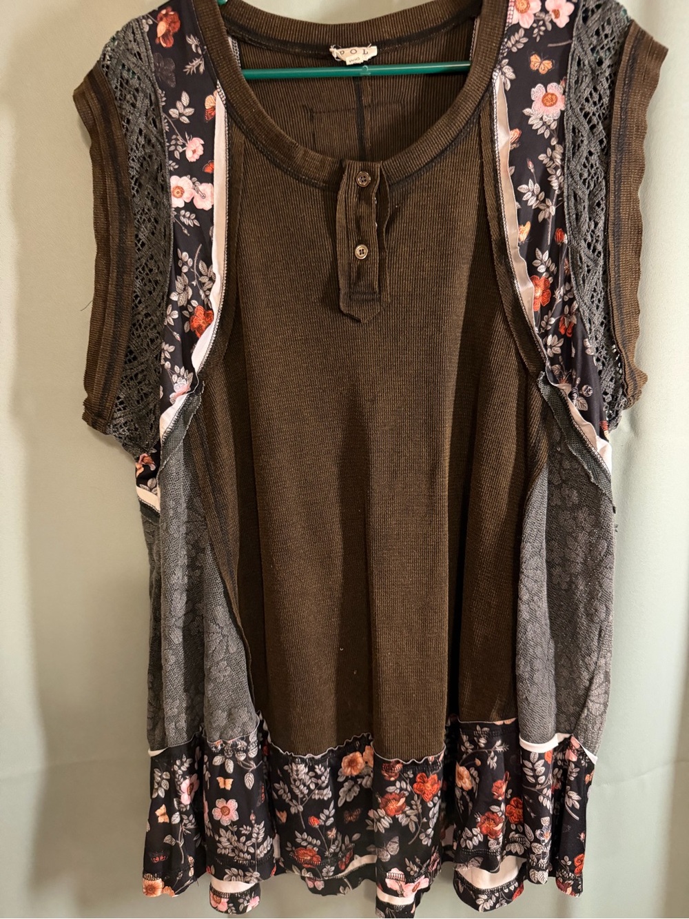 POL Black Floral-Trim Henley Tunic with Lace Insets